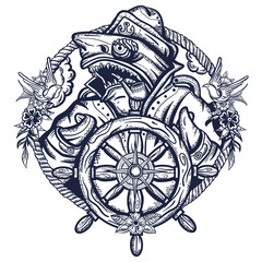 Fototapeta premium Sharks. Sea wolf, captain in the sea, sailor at helm. Old school tattoo vector art. Hand drawn graphic. Isolated on white. Traditional flash tattooing