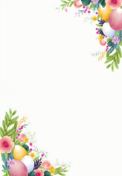 watercolor easter eggs and floral corner background template, created with generative ai