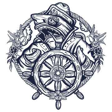 Sharks. Sea wolf, captain in the sea, sailor at helm. Old school tattoo vector art. Hand drawn graphic. Isolated on white. Traditional flash tattooing