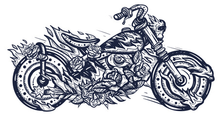 Burning motorcycle, rider sport elements. Bikers lifestyle. Old school tattoo vector art. Hand drawn graphic. Isolated on white. Traditional flash tattooing