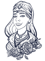 Beautiful nurse. Old school tattoo vector art. Hand drawn graphic. Isolated on white. Traditional flash tattooing