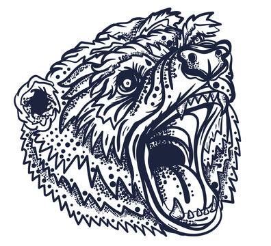 Aggressive grizzly. Angry bear head. Old school tattoo vector art. Hand drawn graphic. Isolated on white. Traditional flash tattooing style