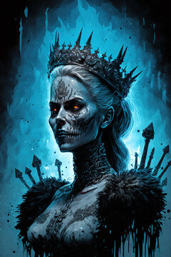 the snow queen of zombies, dark fantasy, horror, demon, art illustration