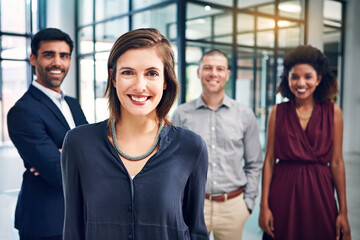 Business woman, team leader and management portrait in office with motivation for growth. Face of corporate men and women together for diversity, vision and support for leadership in happy workplace