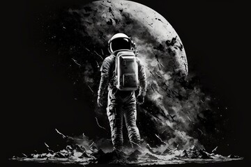 Astronaut looks to Earth from Moon. Astronaut on the new planet. An astronaut stands on the surface of the moon among craters against the backdrop of the planet earth. generative ai