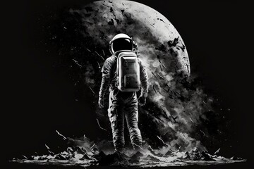 Obraz premium Astronaut looks to Earth from Moon. Astronaut on the new planet. An astronaut stands on the surface of the moon among craters against the backdrop of the planet earth. generative ai