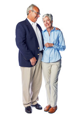 Senior, couple and love by man and woman happy and hugging isolated against a studio white background. Old people or elderly people feeling happiness and affection together enjoying retirement