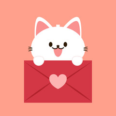 Cartoon cat biting a huge heart. Valentine's Day greeting card.