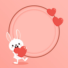 Valentine's day card with Kawaii bunny. Rabbit cartoon vector collection. Small lovely rabbit holds love heart. Valentine's day illustration. Valentine's label. free space for text.