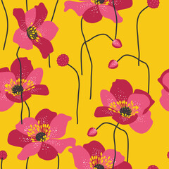 Seamless pattern with big fantasy flowers on bright yellow background. Floral design for fabric, home textile, wrapping paper