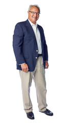 Fototapeta premium Businessman, portrait and senior ceo with vision for mission, idea and goal on white background. Elderly, leader and man standing and looking proud of business success or startup, posing and isolated