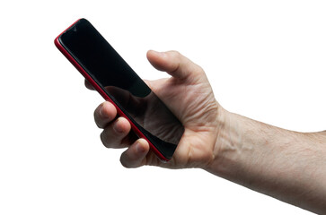 Close-up of smartphone in hands isolated on white background with clipping path