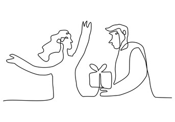 Hand drawn one line of season of giving man give gift isolated on white background.