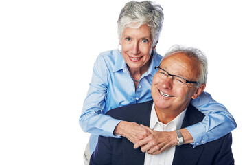 Senior couple, love and happy together for hug, support care and happiness isolated in white background studio. Elderly man, woman smile portrait and hugging, quality time romance or relax bonding