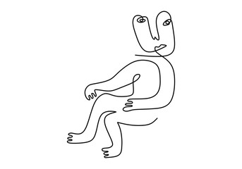 Hand drawn single line of primordial man body and face isolated on white background.