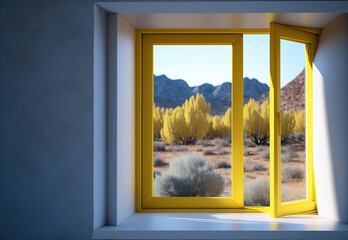 view through yellow frame window into a desert, ai generated