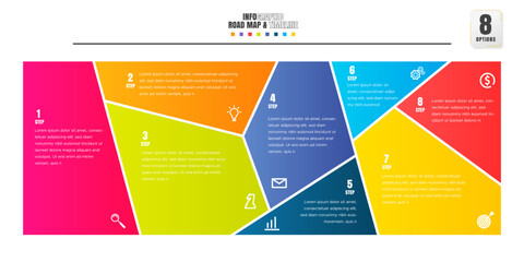 Timeline infographics design template with 8 options, process diagram.