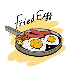 Brunch menu in doodle styles. Fried egg with sausages, nut and potatoes served on hot pan.