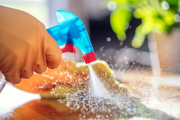 Cleaning spray detergent, rubber gloves and dish cloth on work surface
