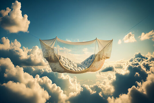 hammock in the blue sky with clouds, relaxation netting, generative ai