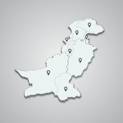 Pakistan 3D map illustration with map pin on isolated background