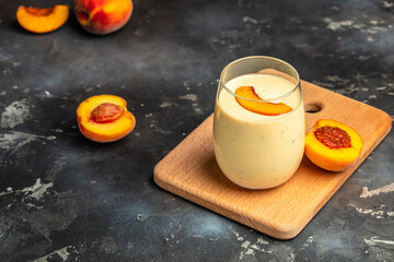 protein shake with peach milkshake, yogurt peaches breakfast drink, Long banner format