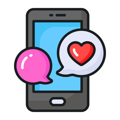 Chat bubbles with heart and mobile denoting concept of romantic conversation