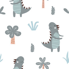Vector hand drawn colorful seamless repeat baby pattern with cute dinosaurs and scandinavian style textures for nursery and textile decoration.