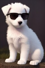 Cute small white hair puppy wearing sunglasses