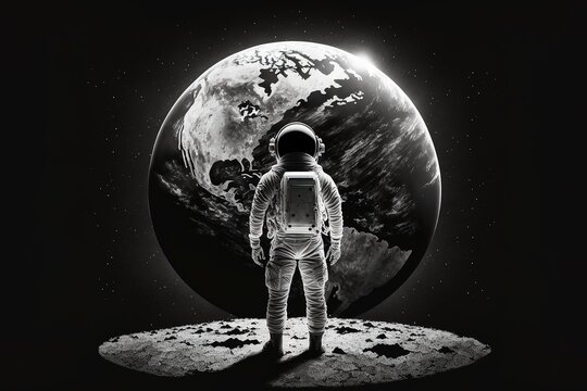 An astronaut stands on the surface of the moon among craters against the backdrop of the planet earth. Outer space. Astronaut looks to Earth from Moon. generative ai