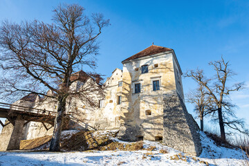 Fototapeta premium The ancient Svirzh castle in the village of Svirzh in western Ukraine. A trip to Ukraine