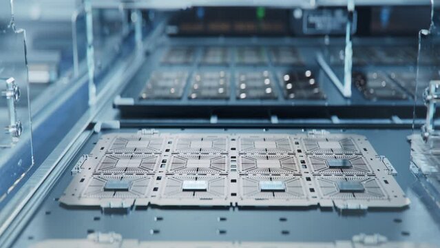 Extracted from Semiconductor Wafer Silicon Dies are being Attached to Substrate by Pick and Place Machine. Semiconductor Packaging Process. Computer Chip Manufacturing at Fab.