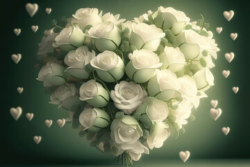 Beautiful bunch of white roses with green leaves in the shape of a heart and little white hearts around, green background, love, valentine, Generative AI