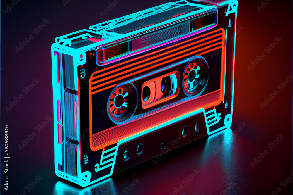 Poster beautiful audio cassette tape in neon light.minimalism retro style concept. 80s. background pattern 