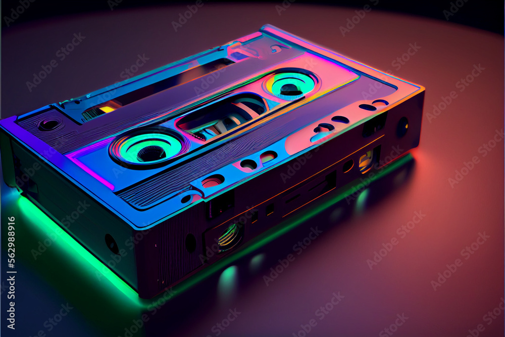 Poster beautiful audio cassette tape in neon light.minimalism retro style concept. 80s. background pattern 