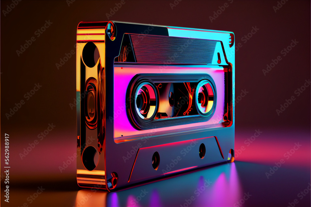 Poster beautiful audio cassette tape in neon light.minimalism retro style concept. 80s. background pattern 