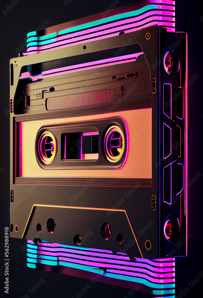 Poster beautiful audio cassette tape in neon light.minimalism retro style concept. 80s. background pattern 