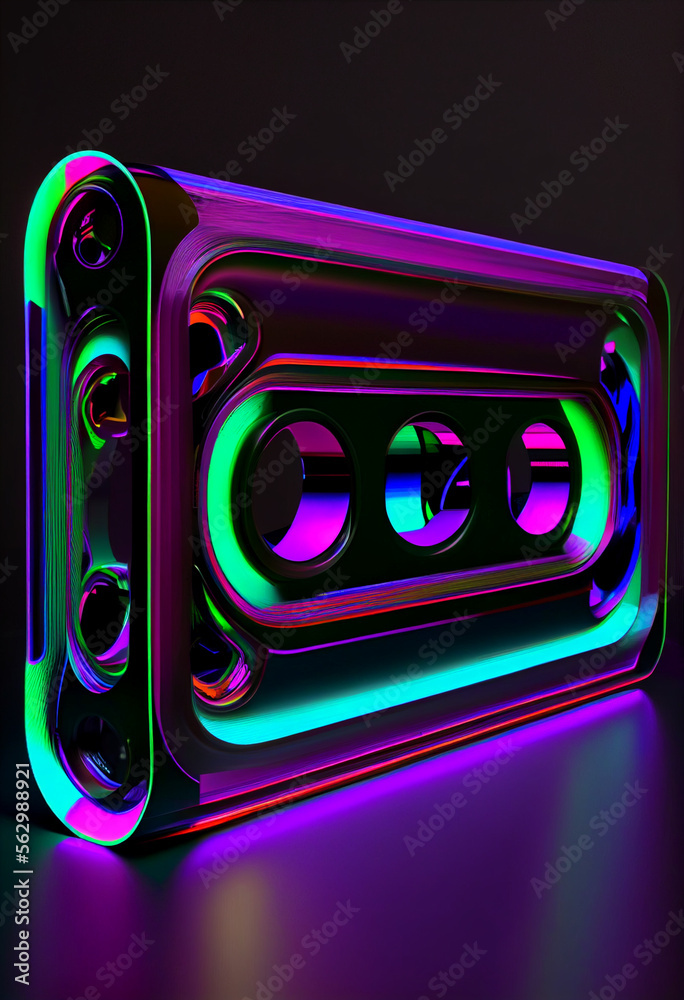Poster beautiful audio cassette tape in neon light.minimalism retro style concept. 80s. background pattern 