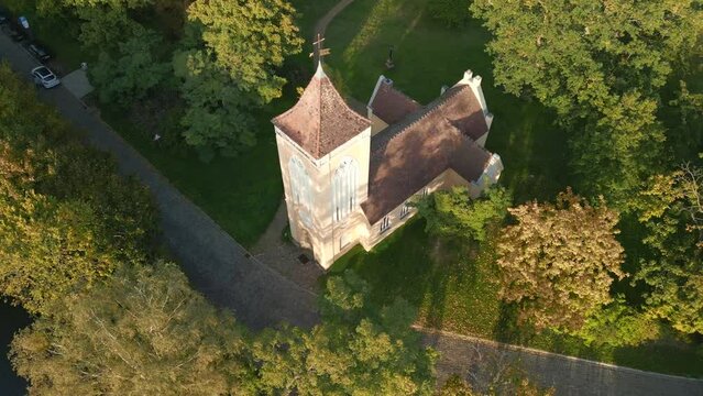 sunset golden hour. Majestic aerial view flight panorama orbit drone
Village church Paretz Brandenburg Havelland Germany summer evening 2022. High Quality 4k Cinematic footage