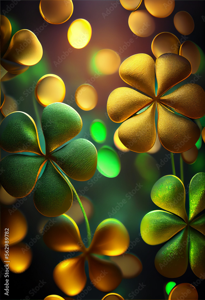 Aufkleber Beautiful Festive background with shining clover shamrocks and golden bokeh. St. Patrick's Day backdrop. 