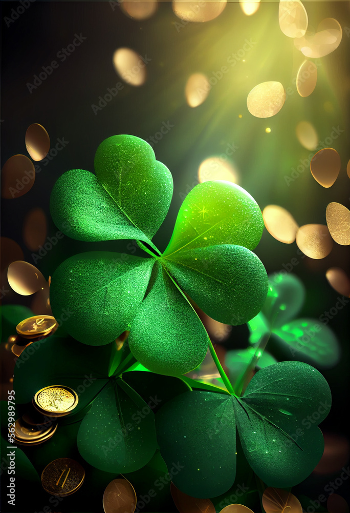 Poster Beautiful Festive background with shining clover shamrocks and golden bokeh. St. Patrick's Day backdrop.  Generative AI technology.
