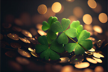 Beautiful Festive background with shining clover shamrocks and golden bokeh. St. Patrick's Day backdrop.  Generative AI technology.