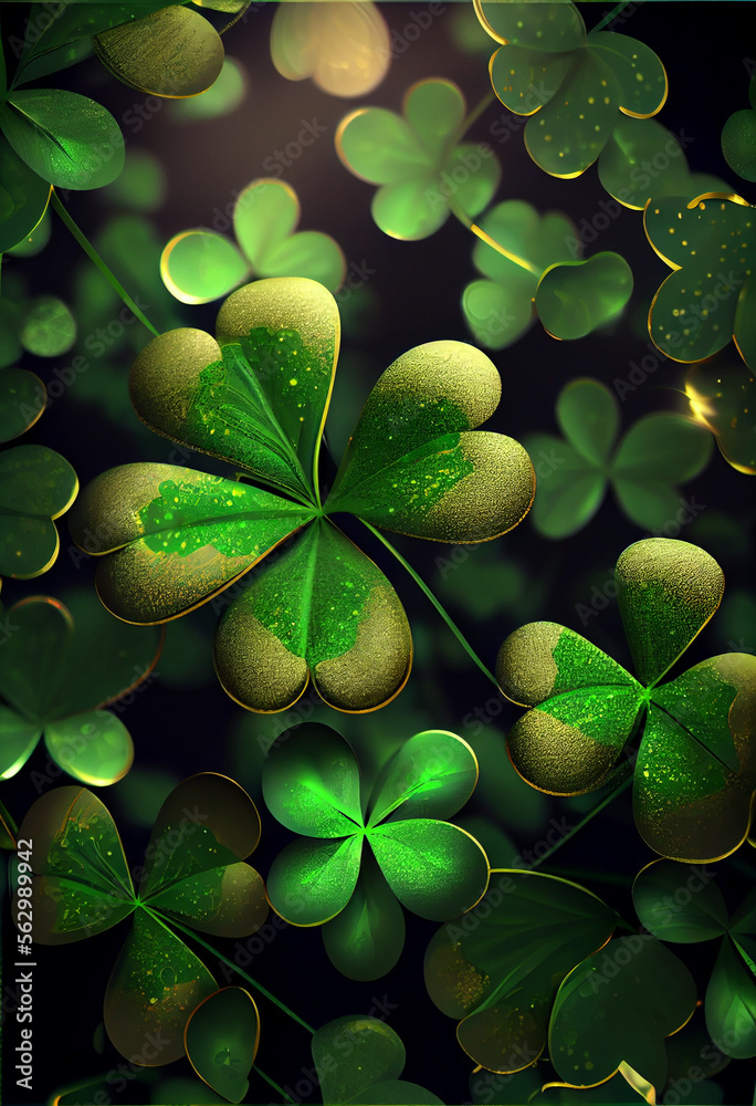 Aufkleber Beautiful Festive background with shining clover shamrocks and golden bokeh. St. Patrick's Day backdrop. 