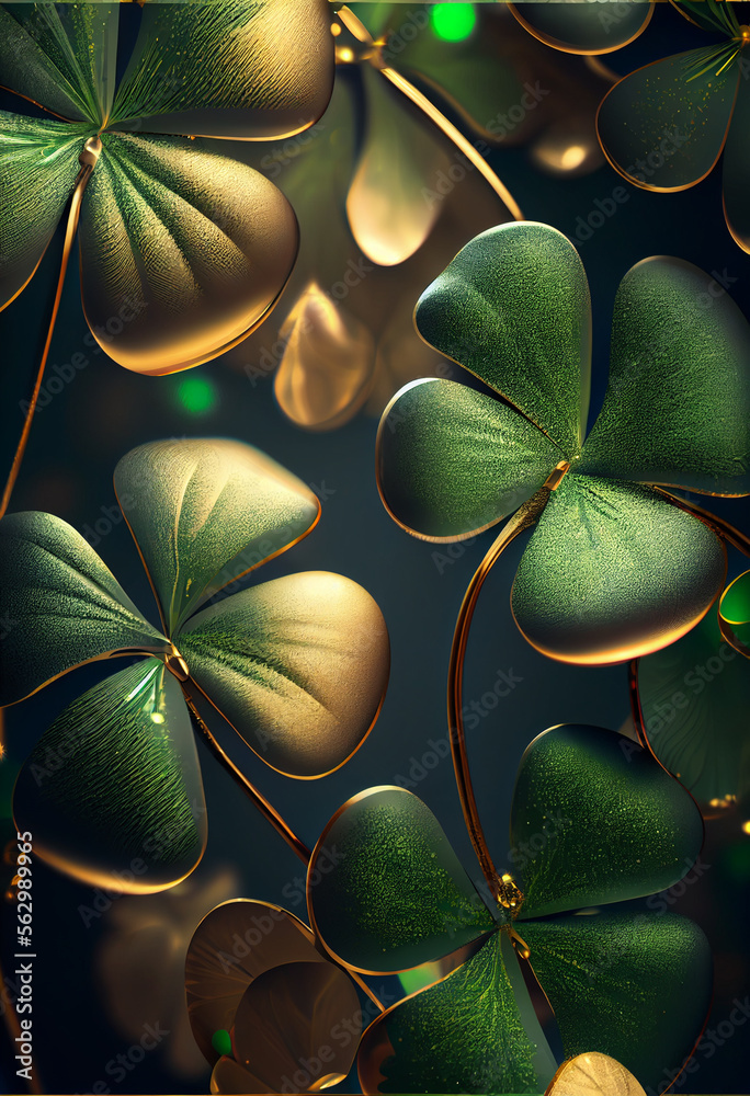 Poster beautiful festive background with shining clover shamrocks and golden bokeh. st. patrick's day backd