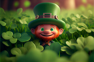 Beautifu Cute Cartoon Leprechaun in a Field of Shamrocks.