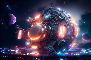 Intergalactic station, disk-shaped space platform. Science and technology platform on a galactic planet, stars, nebulae, night view, space. Scientific space architecture, neon light. © Oleksandr