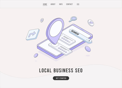 Local Business SEO concept. Search engine digital marketing online strategy for local business. Flat design vector e-commerce landing page template