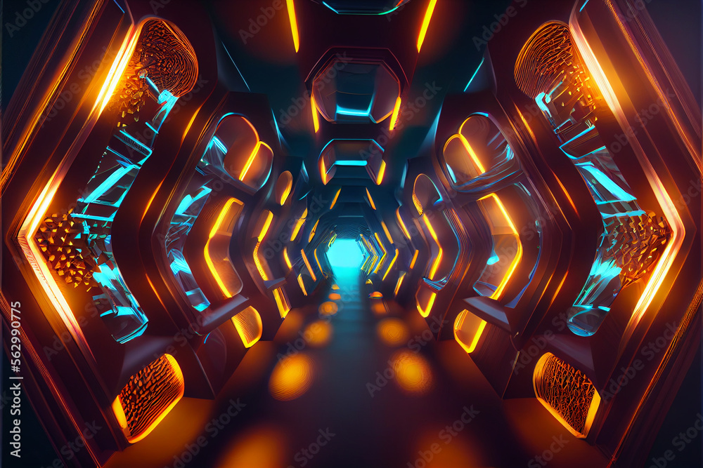 Poster tunnel sci-fi looping environment, technology digital abstract background.