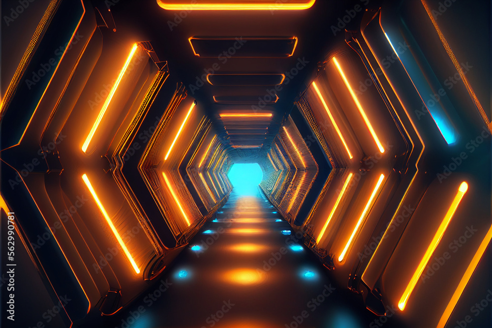 Poster tunnel sci-fi looping environment, technology digital abstract background.
