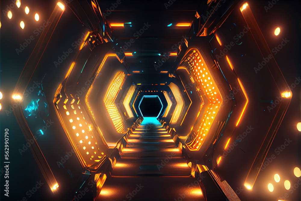 Poster tunnel sci-fi looping environment, technology digital abstract background.